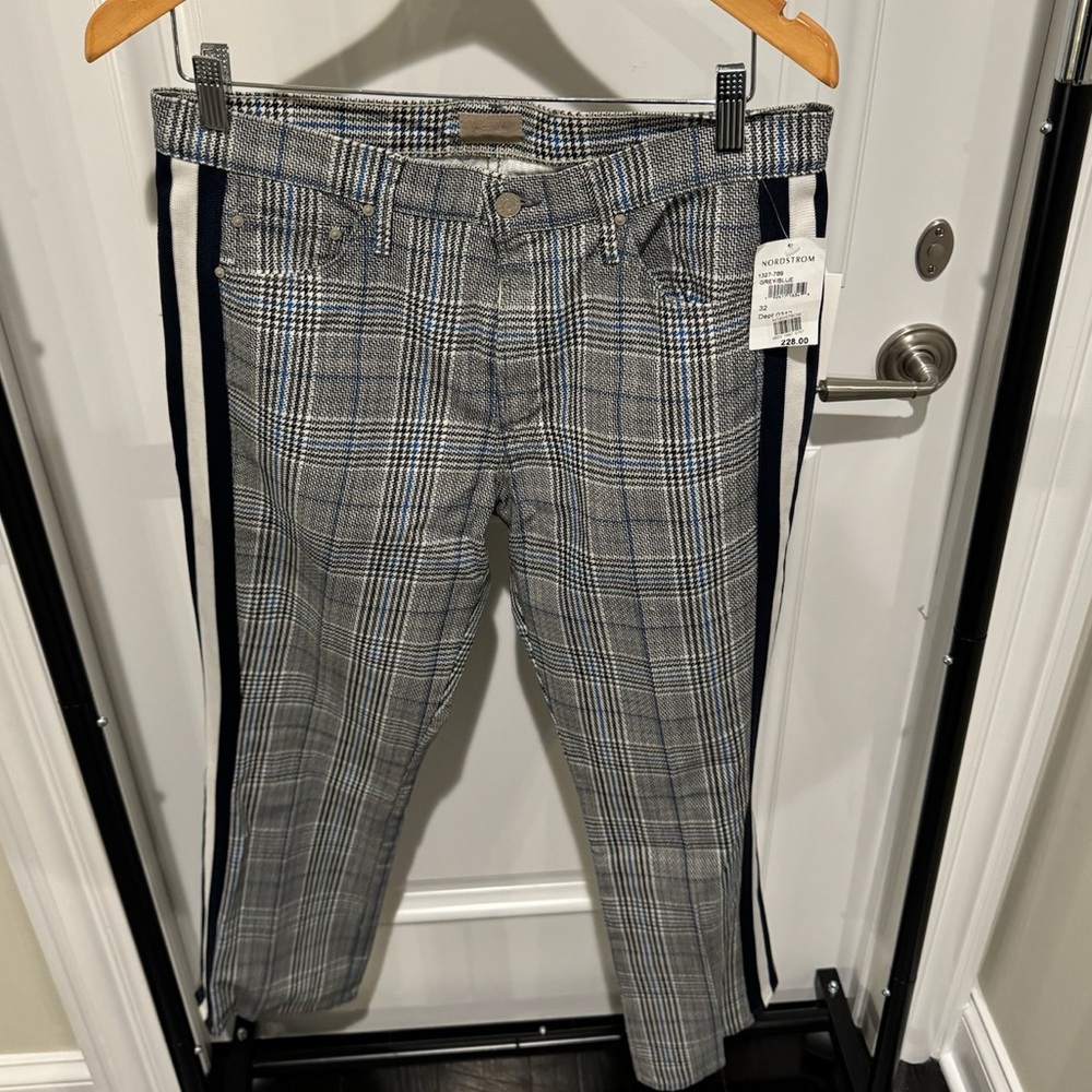 MOTHER Plaid Ankle Crop Jeans with Navy Side Stripes